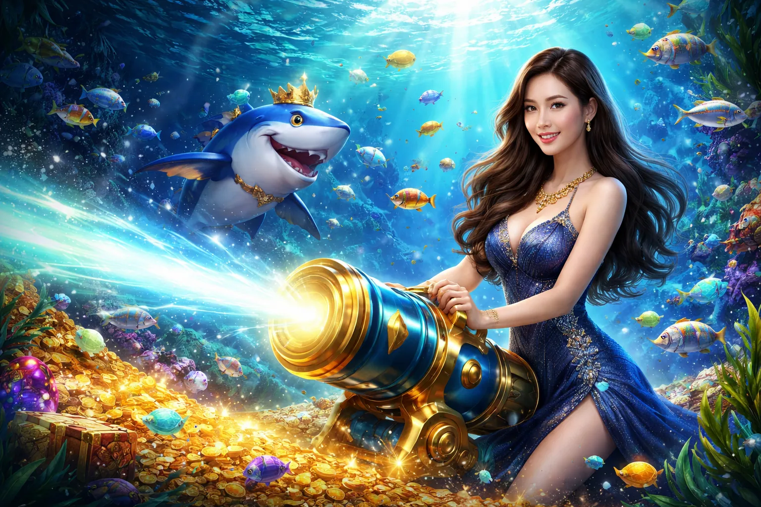 Hình ảnh chính trò chơi Bắn cá tại zebet casino với đại dương rực rỡ và cá vàng